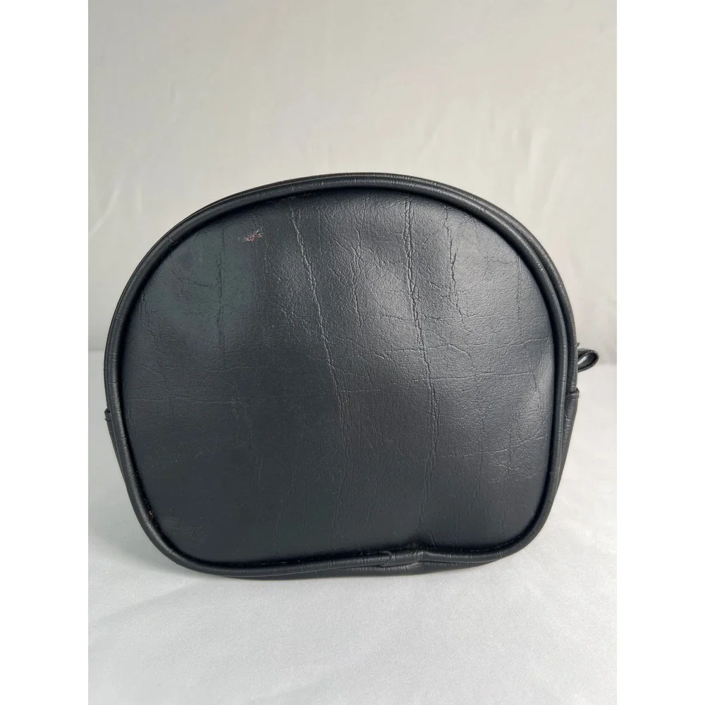 Vintage black faux leather zippered travel pouch or cosmetic bag, ID card slot
